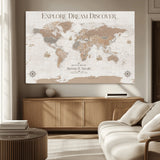 63516865-MGV-CV-36X24-Explore Dream Discover World Map Wall Art – Inspirational Travel Adventure Canvas Print, Neutral Parchment Style Explorer Decor