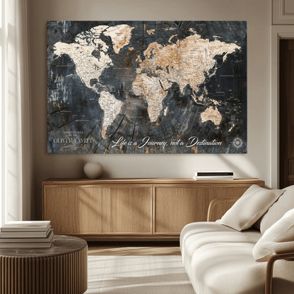 37848568-MGV-CV-36X24-Life is a Journey Not a Destination World Map Rustic Wood Texture Vintage Beige Navy Adventure Wall Art Canvas Print for Home