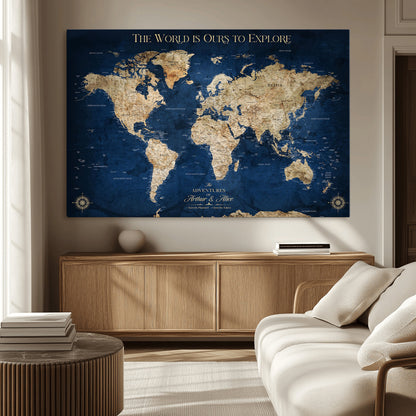 54782997-MGV-CV-36X24-The World is Ours to Explore Wall Art – Blue World Map Canvas Print, Adventure Travel Decor for Home, Office or Living Room,
