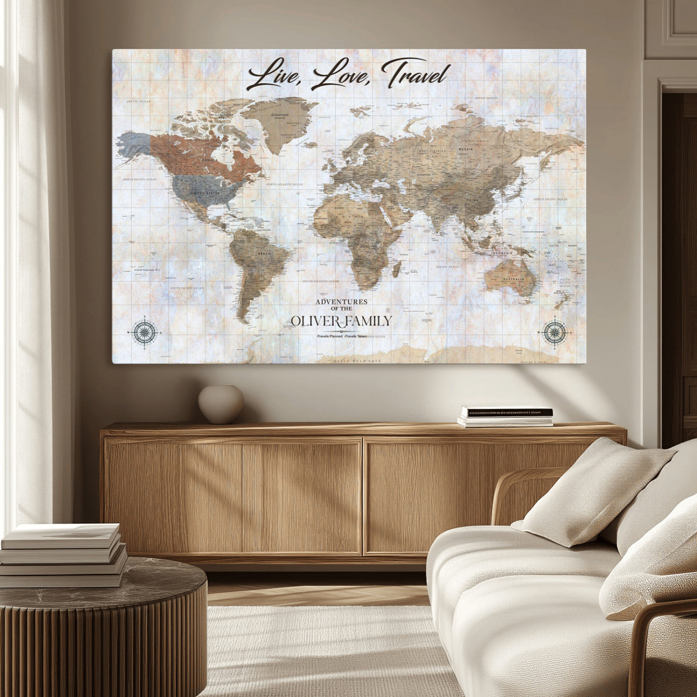 43924907-MGV-CV-36X24-Live Love Travel Wall Art – Neutral World Map Canvas Print, Rustic Adventure Decor for Home, Office or Living Room, Unique Gift