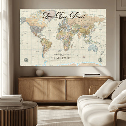 19479008-MGV-CV-36X24-Live Love Travel Wall Art – Detailed World Map Canvas Print, Adventure Decor for Living Room, Office or Bedroom, Travel Gift for