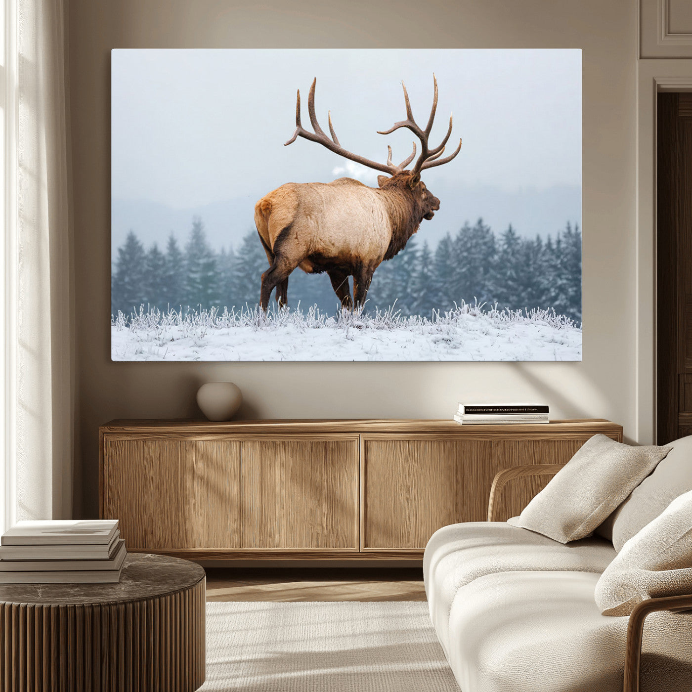 85177251-MGV-CV-36X24-Elk Wall Art – Majestic Wildlife Canvas Print of Bull Elk Snowy Forest, Rustic Nature Decor for Living Room, Cabin, or Office