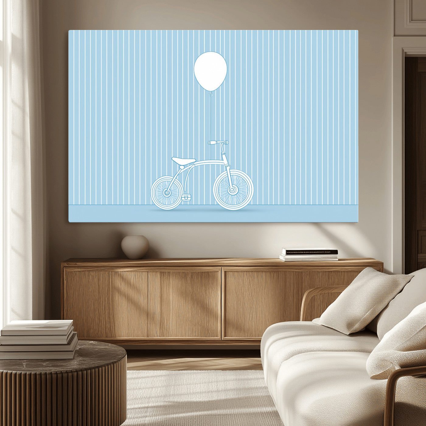 56479838-MGV-CV-36X24-Bicycle Wall Art – Minimalist Blue Canvas Print with Balloon Illustration, Modern Decor Artwork for Kids Room, Nursery, or Living
