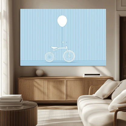 56479838-MGV-CV-36X24-Bicycle Wall Art – Minimalist Blue Canvas Print with Balloon Illustration, Modern Decor Artwork for Kids Room, Nursery, or Living