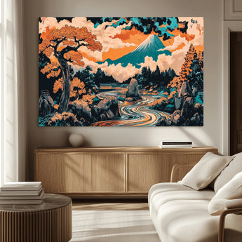 21638941-MGV-CV-36X24-Japanese Landscape Wall Art – Mount Fuji and Flowing River Ukiyo-e Style Canvas Print, Traditional Japan Inspired Artwork for