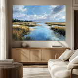 87082041-MGV-CV-36X24-Marshland Landscape Wall Art – Serene Nature Canvas Print with Blue Sky and Reflections, Tranquil Scenic Painting for Living Room,