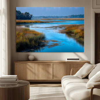 26300004-MGV-CV-36X24-Marshland Landscape Wall Art – Scenic Nature Canvas Print with Golden Grass and Blue Water, Peaceful River Photography for Living