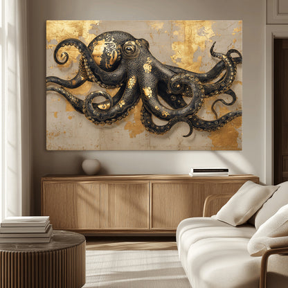 57944271-MGV-CV-36X24-Octopus Wall Art – Black and Gold Nautical Canvas Print, Modern Ocean Inspired Artwork with Elegant Detailing, Coastal Marine