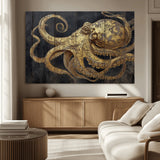 47056538-MGV-CV-36X24-Octopus Canvas Wall Art – Gold Detail, Wooden Texture, Marine Life, Ocean Creature Tentacles, Nautical Coastal Rustic Decor for