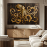 56769669-MGV-CV-36X24-Octopus Wall Art – Gold Nautical Canvas Print with Rustic Wood Panel Design, Detailed Marine Artwork for Coastal Ocean Decoration