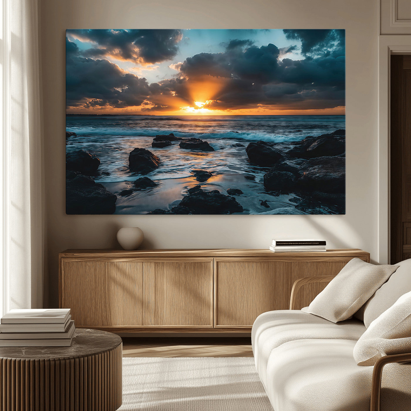 66040852-MGV-CV-36X24-Ocean Sunset Canvas Wall Art – Rocky Shore Waves, Dramatic Clouds, Golden Sun Rays, Coastal Nature, Serene Water Reflection for
