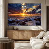 35900590-MGV-CV-36X24-Ocean Sunset Wall Art – Vivid Seascape Canvas Print with Sunburst Sky, Crashing Waves and Rocky Shore, Dramatic Coastal