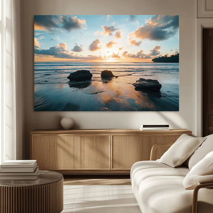 23879436-MGV-CV-36X24-Ocean Sunset Wall Art – Serene Seascape Canvas Print with Golden Sky, Reflections on Sand and Calm Waves, Peaceful Coastal