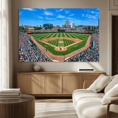 56213978-MGV-CV-36X24-Wrigley Field Baseball Stadium Canvas Wall Art – Packed Crowd Sports Stadium Print, City Skyline Baseball Field Canvas for Game
