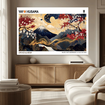 28945903-MGV-CV-36X24-Yayoi Kusama Inspired Japanese Art Canvas Print – Framed Floral & Mt. Fuji Wall Decor, Modern Asian Style Canvas for Home, Office,