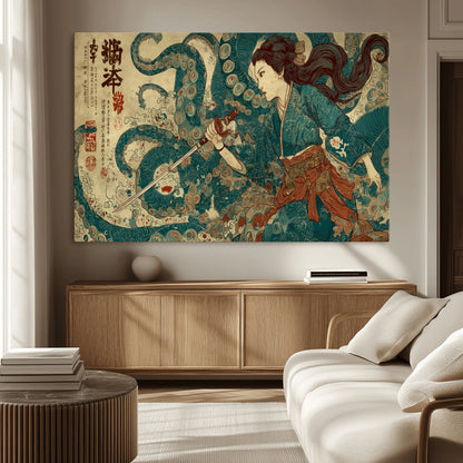 46837670-MGV-CV-36X24-Tsukioka Yoshitoshi Samurai Wall Art Print, Japanese Katana Warrior Canvas Wall Art, Octopus Sea Monster Canvas Print,