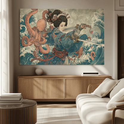 52037775-MGV-CV-36X24-Samurai Woman Wall Art – Japanese Ukiyo e Style Canvas Print with Katana, Ocean Waves and Octopus, Traditional Asian Inspired