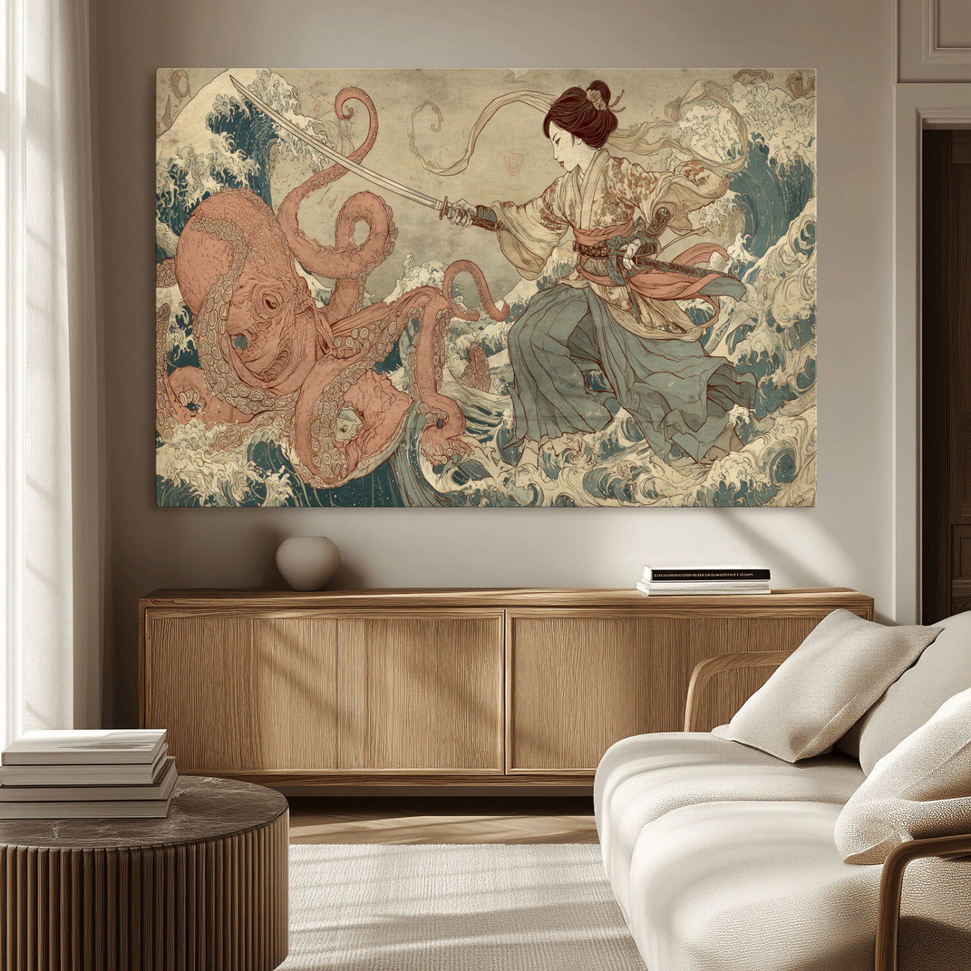 54879547-MGV-CV-36X24-Samurai Woman Wall Art – Japanese Ukiyo-e Style Canvas Print with Katana and Octopus, Traditional Asian Inspired Battle Artwork