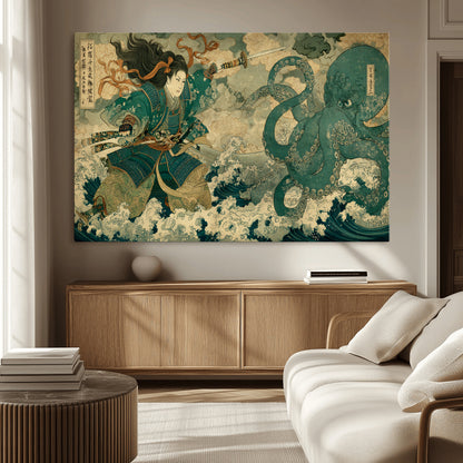 24416422-MGV-CV-36X24-Tsukioka Yoshitoshi Samurai Wall Art Print, Japanese Katana Warrior Canvas Wall Art, Octopus Sea Monster Canvas Print,