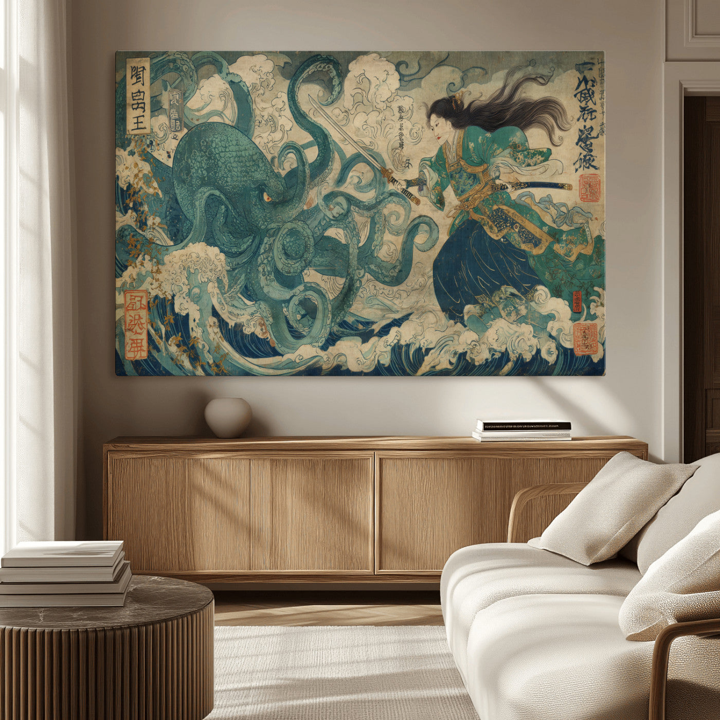 60346622-MGV-CV-36X24-Tsukioka Yoshitoshi Samurai Wall Art Print, Japanese Katana Warrior Canvas Wall Art, Octopus Sea Monster Canvas Print,