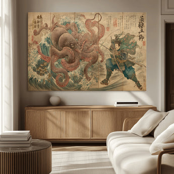 63782167-MGV-CV-36X24-Tsukioka Yoshitoshi Samurai Wall Art Print, Japanese Katana Warrior Canvas Wall Art, Octopus Sea Monster Canvas Print,
