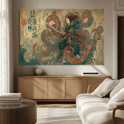98593115-MGV-CV-36X24-Tsukioka Yoshitoshi Samurai Wall Art Print, Japanese Katana Warrior Canvas Wall Art, Octopus Sea Monster Canvas Print,