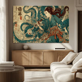 18575670-MGV-CV-36X24-Tsukioka Yoshitoshi Samurai Wall Art Print, Japanese Katana Warrior Canvas Wall Art, Octopus Sea Monster Canvas Print,