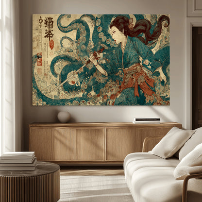 18575670-MGV-CV-36X24-Tsukioka Yoshitoshi Samurai Wall Art Print, Japanese Katana Warrior Canvas Wall Art, Octopus Sea Monster Canvas Print,