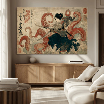50812504-MGV-CV-36X24-Tsukioka Yoshitoshi Samurai Wall Art Print, Japanese Katana Warrior Canvas Wall Art, Octopus Sea Monster Canvas Print,