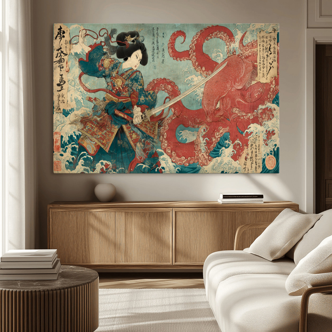 68844327-MGV-CV-36X24-Tsukioka Yoshitoshi Samurai Wall Art Print, Japanese Katana Warrior Canvas Wall Art, Octopus Sea Monster Canvas Print,
