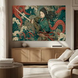 35461724-MGV-CV-36X24-Samurai Woman vs Octopus Wall Art – Japanese Ukiyo-e Ocean Waves Canvas Print, Red Tentacle Battle Artwork for Living Room,