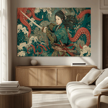 35461724-MGV-CV-36X24-Samurai Woman vs Octopus Wall Art – Japanese Ukiyo-e Ocean Waves Canvas Print, Red Tentacle Battle Artwork for Living Room,