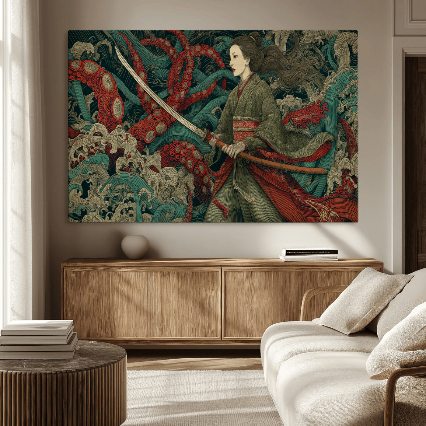18902796-MGV-CV-36X24-Samurai Woman vs Octopus Wall Art – Japanese Ukiyo-e Green Kimono Canvas Print, Ocean Battle Scene Artwork for Living Room,