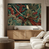 18902796-MGV-CV-36X24-Samurai Woman vs Octopus Wall Art – Japanese Ukiyo-e Green Kimono Canvas Print, Ocean Battle Scene Artwork for Living Room,