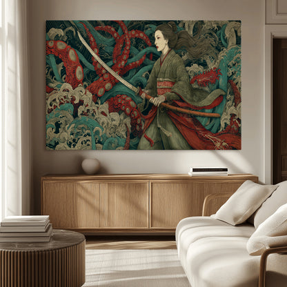 18902796-MGV-CV-36X24-Samurai Woman vs Octopus Wall Art – Japanese Ukiyo-e Green Kimono Canvas Print, Ocean Battle Scene Artwork for Living Room,