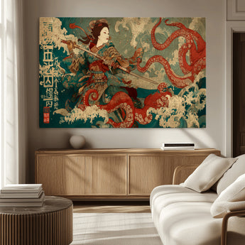 60201267-MGV-CV-36X24-Samurai Woman vs Octopus Wall Art – Japanese Ukiyo-e Armor Canvas Print, Red Tentacle Ocean Battle Artwork for Living Room,