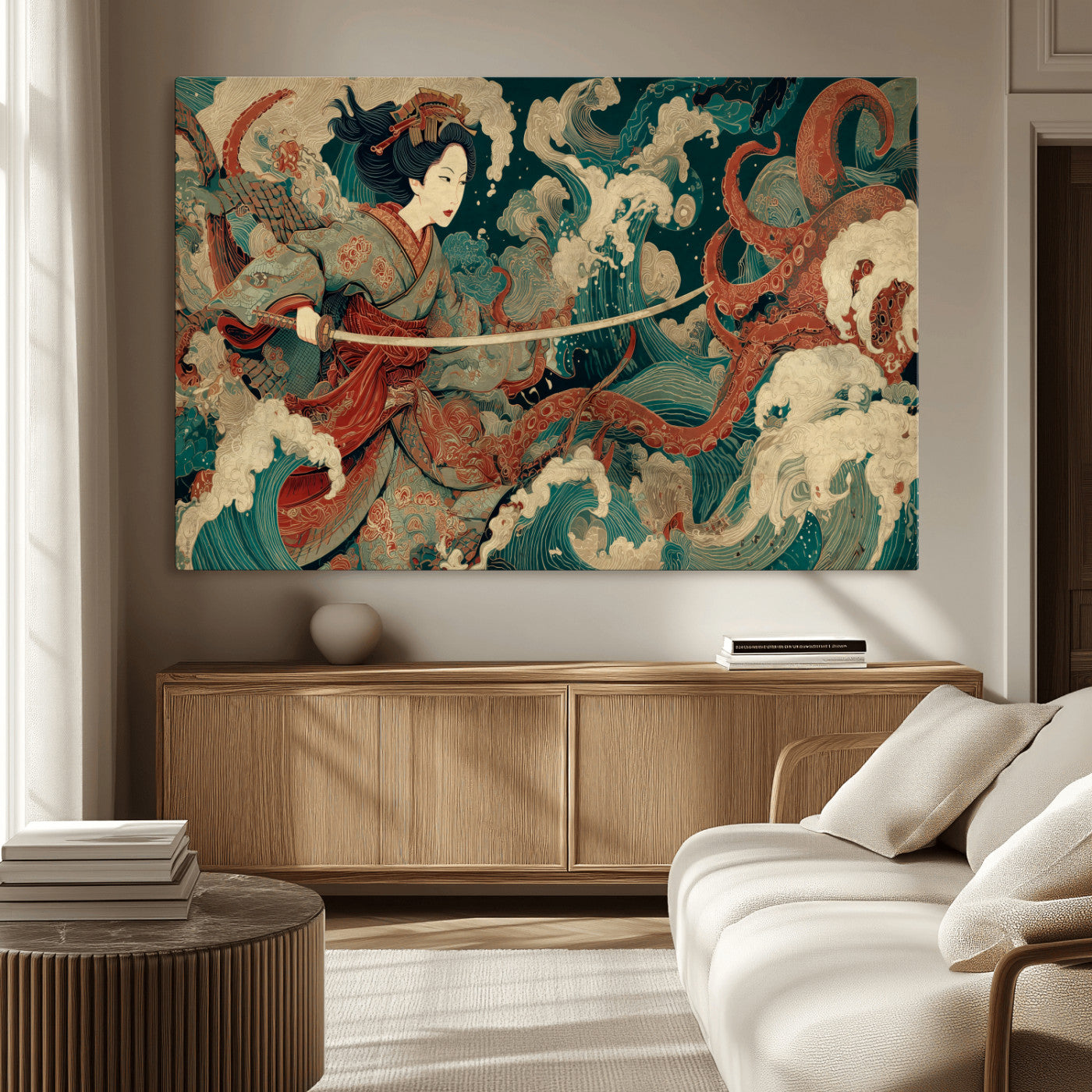 30212982-MGV-CV-36X24-Samurai Woman vs Octopus Wall Art – Japanese Ukiyo-e Style Warrior and Sea Monster Canvas Print, Mythology Inspired Artwork for