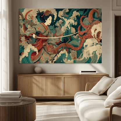 30212982-MGV-CV-36X24-Samurai Woman vs Octopus Wall Art – Japanese Ukiyo-e Style Warrior and Sea Monster Canvas Print, Mythology Inspired Artwork for