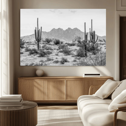 97436PHN-MGV-CV-36X24-Desert Landscape Wall Art – Black and White Cactus and Mountain Canvas Print, Southwestern Nature Photography for Living Room,