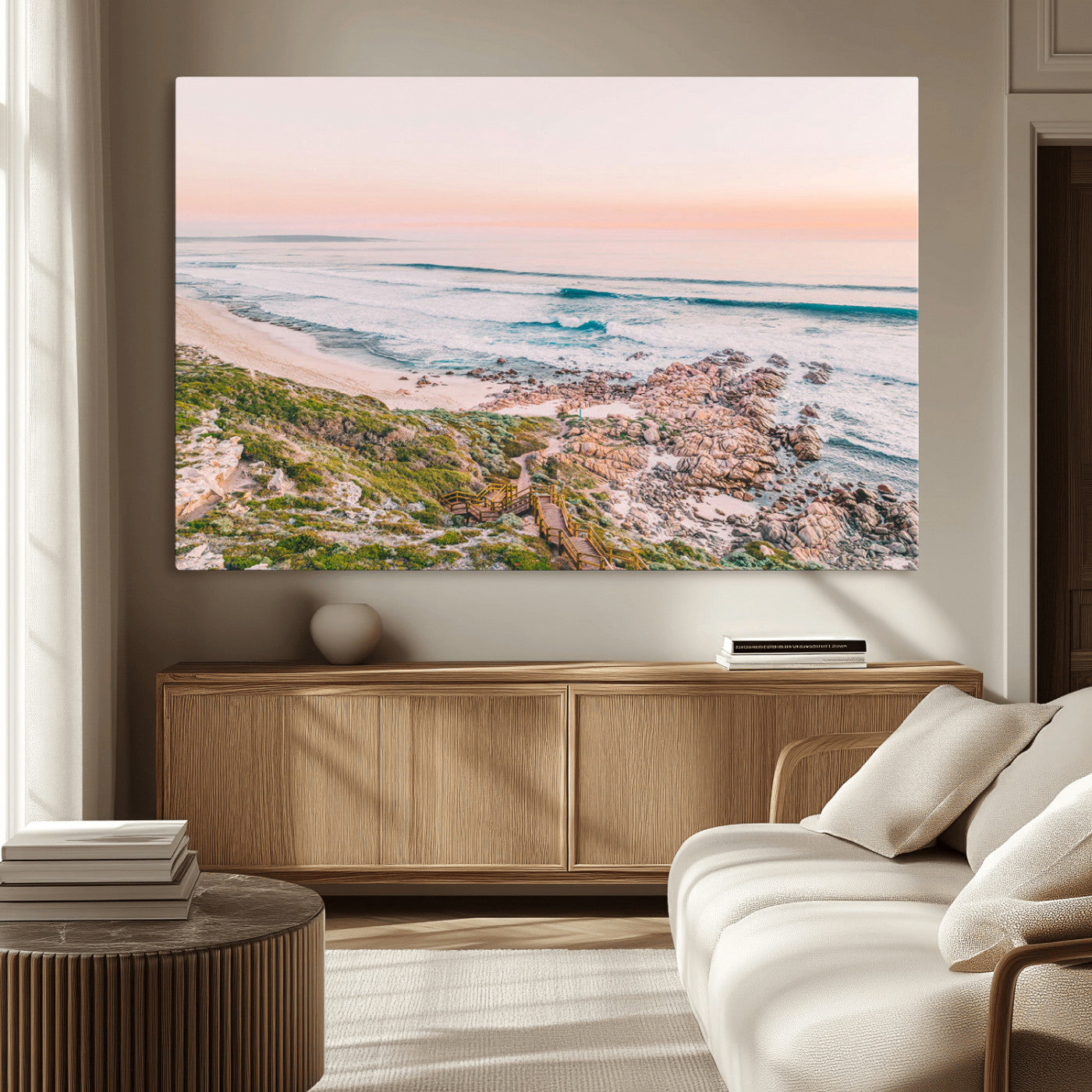 27332135-MGV-CV-36X24-Coastal Sunset Wall Art – Ocean Waves and Rocky Shore Canvas Print, Scenic Seaside Photography Decor for Bedroom, Living Room,