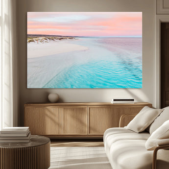 41613614-MGV-CV-36X24-Beach Sunset Wall Art – Pastel Ocean Canvas Print, Turquoise Water and Pink Sky Photography Decor for Bedroom, Living Room, Office