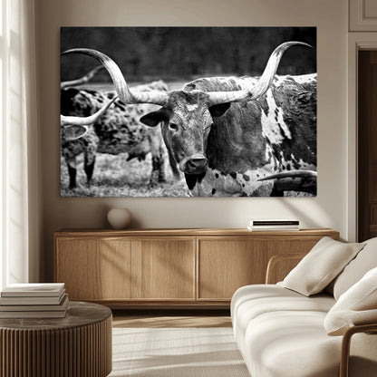 15425553-MGV-CV-36X24-Western Wall Art – Longhorn Cattle Black and White Canvas Print, Rustic Ranch Photography Decor for Bedroom, Living Room, Office,
