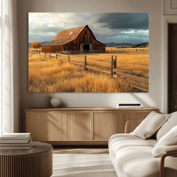 16480179-MGV-CV-36X24-Farmhouse Wall Art – Rustic Barn and Golden Field Canvas Print, Country Landscape Photography Decor for Bedroom, Living Room,