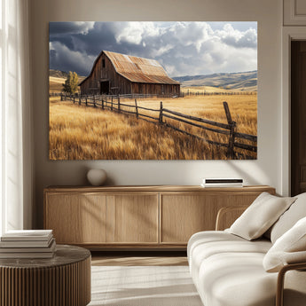 23718739-MGV-CV-36X24-Farmhouse Wall Art – Rustic Barn and Golden Wheat Field Canvas Print, Country Landscape Photography Decor for Bedroom, Living