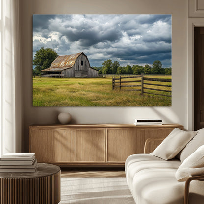 39409517-MGV-CV-36X24-Rustic Barn Wall Art – Weathered Farmhouse and Storm Clouds Canvas Print, Country Landscape Photography Decor for Bedroom, Living