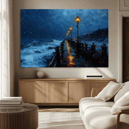 48300530-MGV-CV-36X24-Dark Stormy Pier Canvas Wall Art – Moody Ocean Night Scene with Street Lamps, Blue Coastal Seascape Print for Bedroom, Office, or