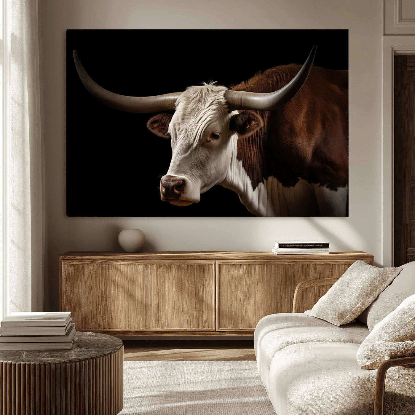 27414857-MGV-CV-36X24-Longhorn Bull Wall Art – Dramatic Western Steer Portrait Canvas Print, Rustic Farmhouse Animal Decor for Living Room, Office, or