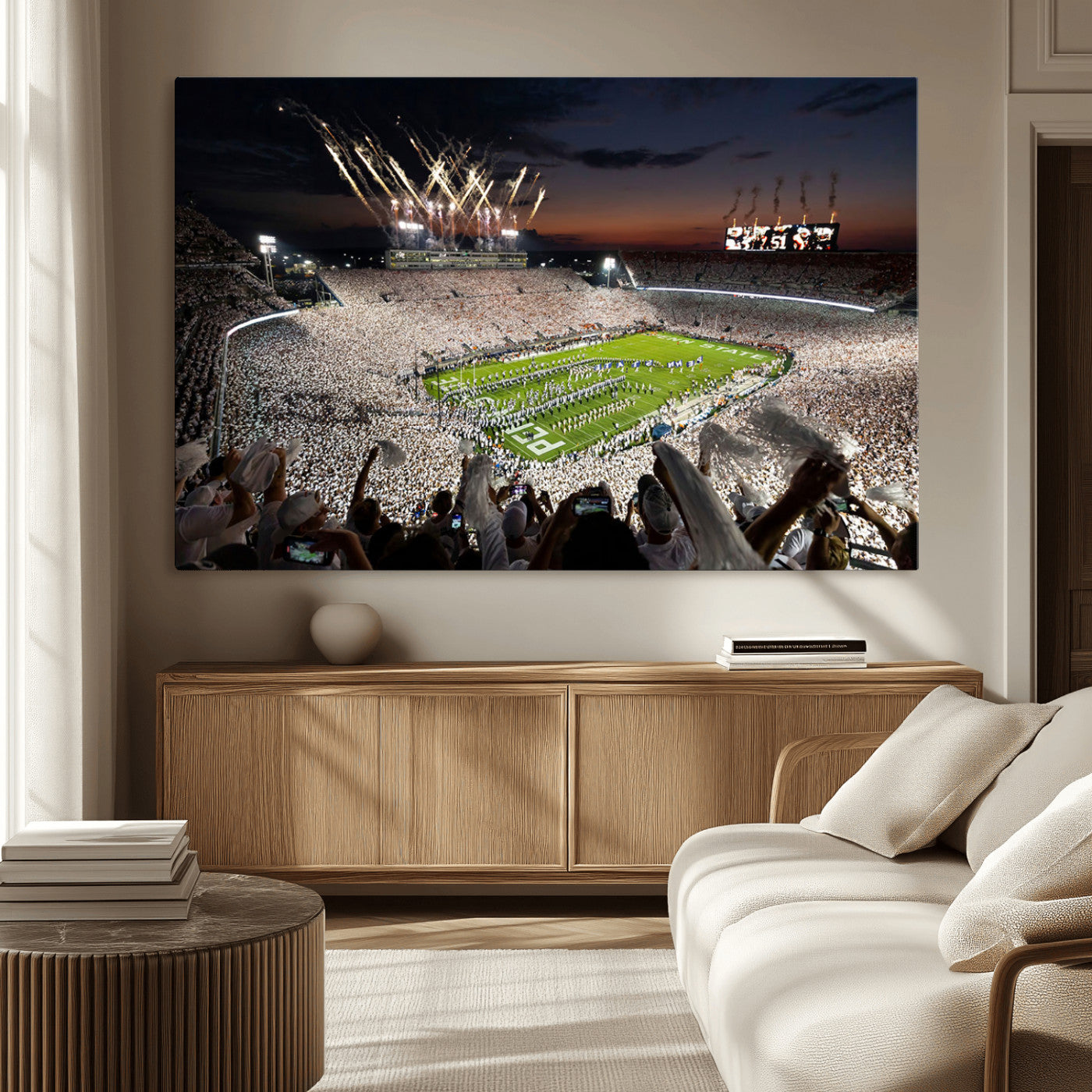 11221988-MGV-CV-36X24-Football Stadium Wall Art – Game Day Crowd with Fireworks, Sports Fan Photography Print, Stadium Decor for Man Cave, Bar, or