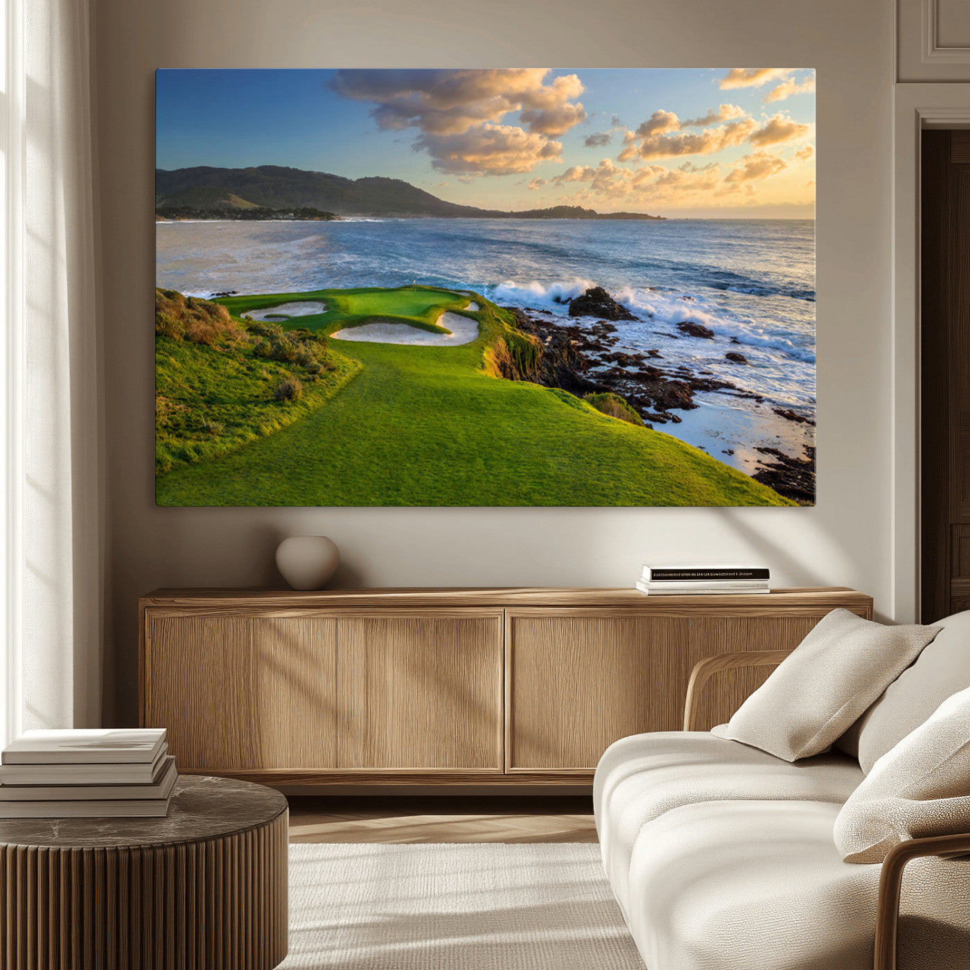 67486665-MGV-CV-36X24-Golf Course Wall Art – Pebble Beach Oceanfront Canvas Print, Coastal Fairway Photography Sports Decor for Living Room, Office, Man