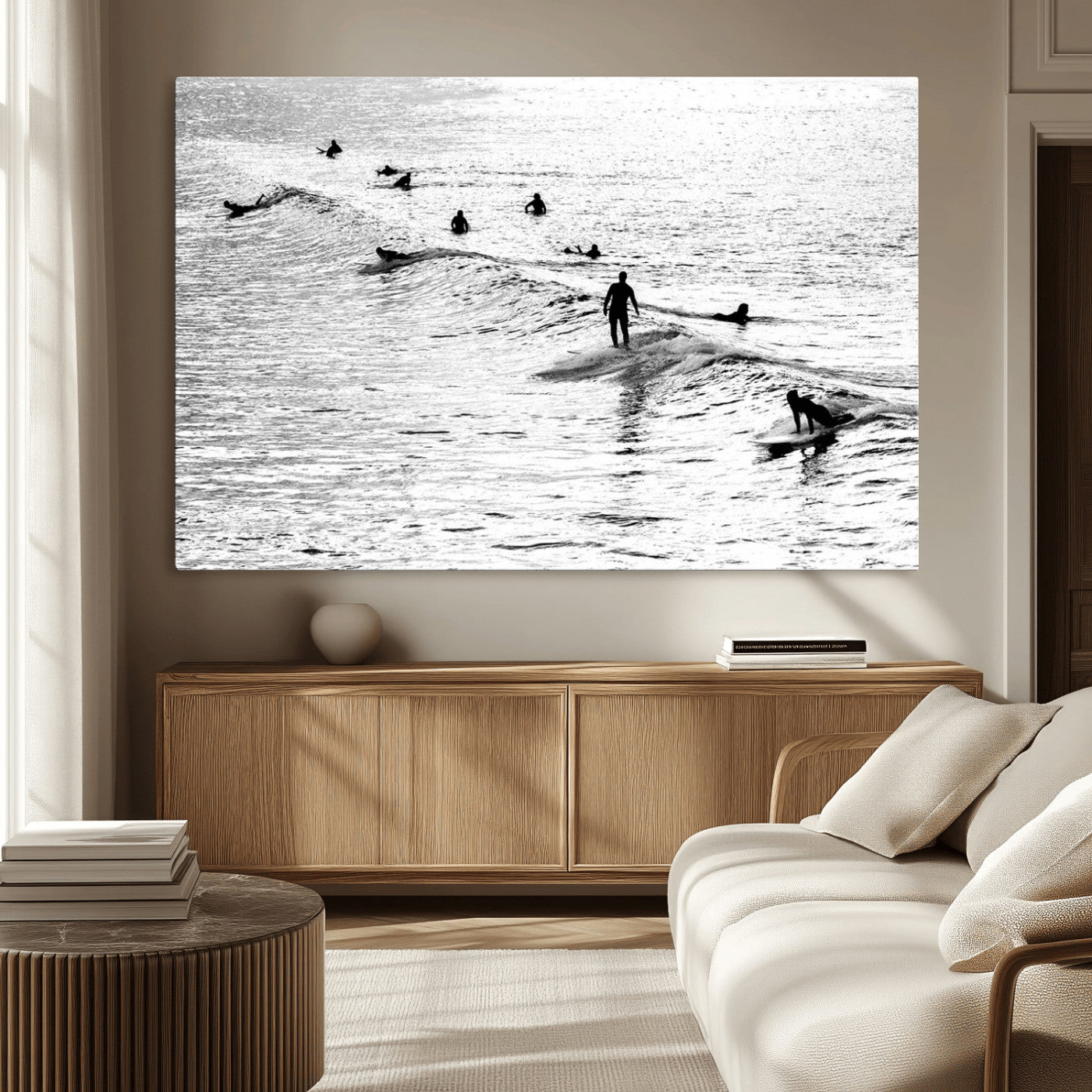 68018616-MGV-CV-36X24-Black and White Surf Photography Print – Minimalist Ocean Wall Art, Surfers Riding Waves, Coastal Beach Decor for Modern Home or